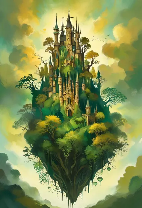 Abstract representation of a high fantasy realm, using broad strokes of vibrant greens and golds to illustrate enchanted forests and floating castles. Tags: vibrant greens, golden hues, enchanted forests, floating castles, abstract landscape, high fantasy,...