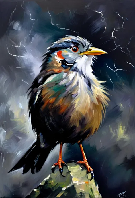 an impressionist painting, Birds head tilt, curious, Tiny feathers, fluffed in thought, World in a chirp, lightning storm, wind blown, dramatic dark background