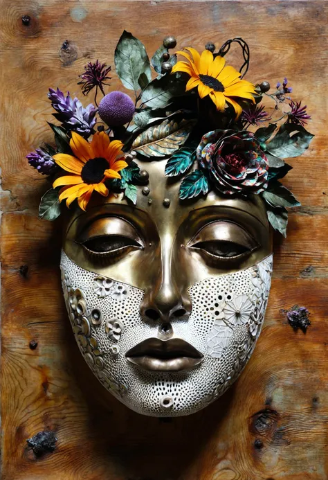 Surrealist Sculpture of a Face with Floral Patterns and Metallic Accents, mixed media sculpture by Sándor Liezen-Mayer, surrealism, neoism, abstract forms, face, floral patterns, metallic accents, bronze, wood, glass, found objects, collage techniques, tex...