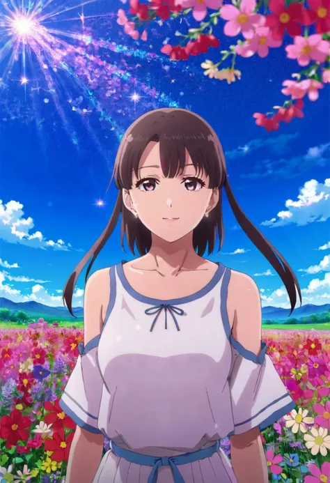 A stunning anime key visual featuring a charismatic and elegant woman in a summer tunic, standing in the middle of a vast flower field with vibrant flowers surrounding her. The clear blue sky is visible in the background, and theres an anime screencap in t...