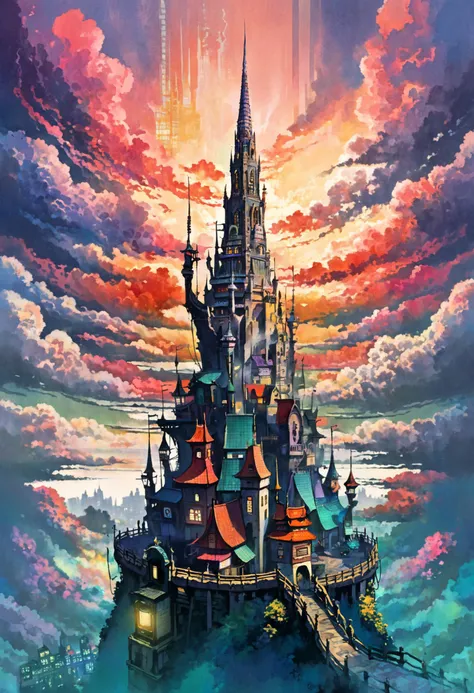 Fantastical Cityscape with Towering Spire, dynamic digital illustration, cityscape, towering spire, vibrant colors, detailed textures, exaggerated proportions, fantastical atmosphere, inspired by Yoshitaka Amano, fantasy architecture, magical realism, urba...