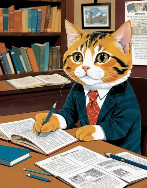 Panel 1: Two cats, a black and white tabby and a calico, are sitting at a desk in a library. The tabby cat is holding a book titled "The History of Coral Reefs" and the calico cat is holding a pen and paper. The library is dimly lit and has shelves filled ...