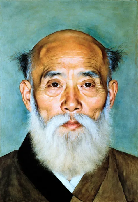 Traditional Chinese portrait of an elderly man with a white patch around his right eye, oil on canvas, inspired by the style of Guan Daosheng, traditional Chinese art, realistic, detailed, subtle color palette, serene expression, wispy beard, gentle eyes, ...