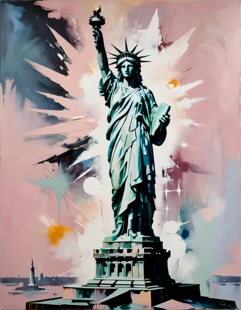 The painting depicts an abstract interpretation of the Statue of Liberty. The statue is rendered in a dreamy, surreal style, with soft, muted colors in a dusty rose palette. The statues features are distorted and fragmented, with bold, jagged lines and sha...