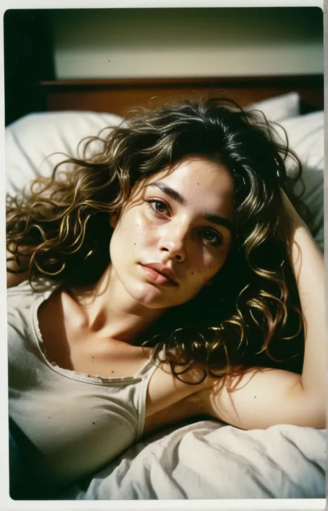 Old faded polaroid photo, a woman lying on a bed, messy wavy hair, tired after a long day, business atire, analog film, chiaroscuro, sharp focus, 8k, UHD, award winning photography, ultra high res, DSLR, masterpiece, ultra detailed, intricate details, 35mm...