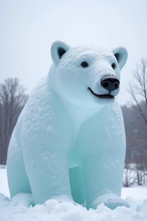 A giant polar bear ice sculpture with amazing detail outside on a snowy day in the winter