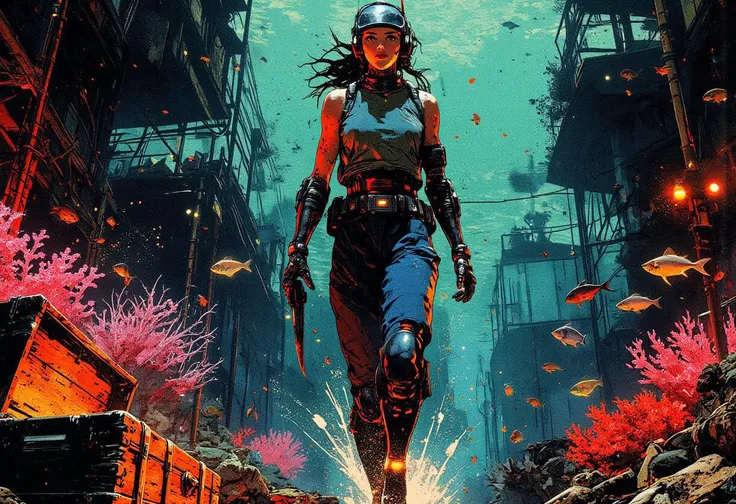 best quality, masterpiece, cyberpunk female robot or android, dark eyeshadow, red lips, driving goggles, robot joints, circuitry and wires, glowing lights, glowing eyes, wearing blue  sleeveless diving suit, Flippers at feet, holding driving knife by the h...