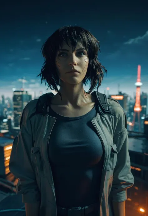 1girl, ( Major Motoko Kusanagi:1.25),  Ghost in the Shell: Stand Alone Complex, (cyberpunk), tokyo, on the edge of roof, night city in background, dutch angle, dynamic
cinematic, neons, front view, .score_9, score_8_up, score_7_up,score_6_up, rating_safe