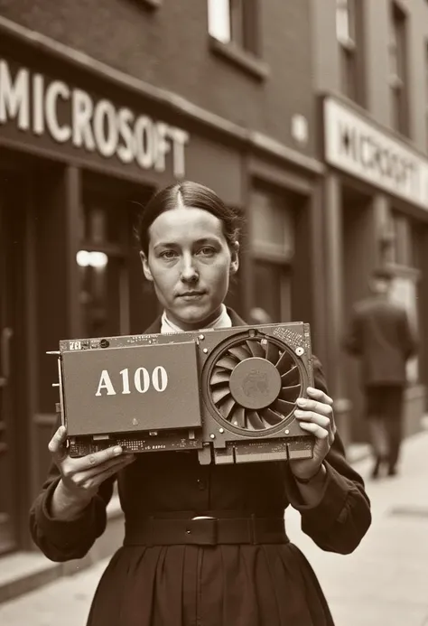 a woman holding an A100 graphics card with "A100" text, standing in front of a building with "MICROSOFT" sign, photograph in the style of VCTRN, vintage Victorian era photograph