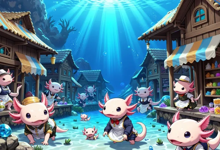 This is a vibrant digital anime photo of, A wide shot of a bustling axolotl village under a lake. Axolotls in various outfits, from aprons to tiny hats, move around the scene. Some are swimming between bubble-filled houses made of seashells and coral, whil...