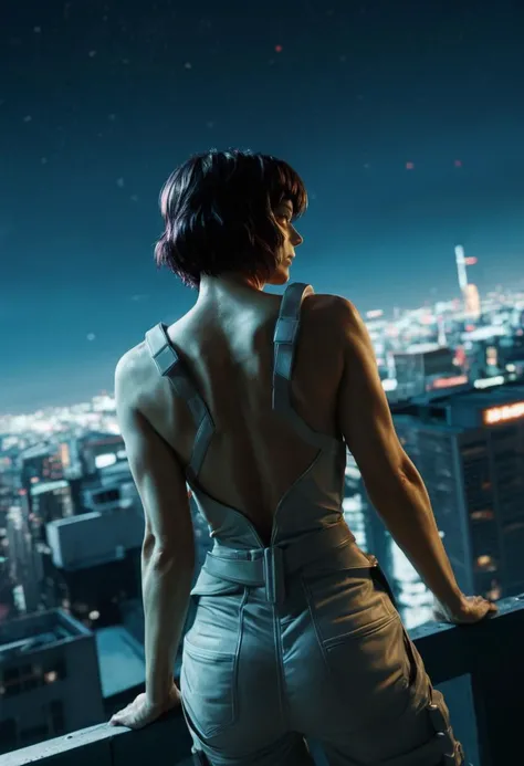 1girl, ( Major Motoko Kusanagi:1.25),  Ghost in the Shell: Stand Alone Complex, (cyberpunk), tokyo, on the edge of roof, night city in background, dutch angle, dynamic
cinematic, neons, back view, .score_9, score_8_up, score_7_up,score_6_up, rating_safe