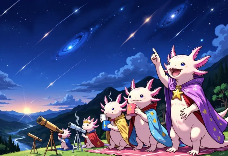 This is a vibrant digital anime photo of, A group of axolotls stargazing from a hilltop, with telescopes set up and blankets spread out. Each axolotl wears a different star-themed outfit, like capes covered in constellations and star-shaped headbands. They...