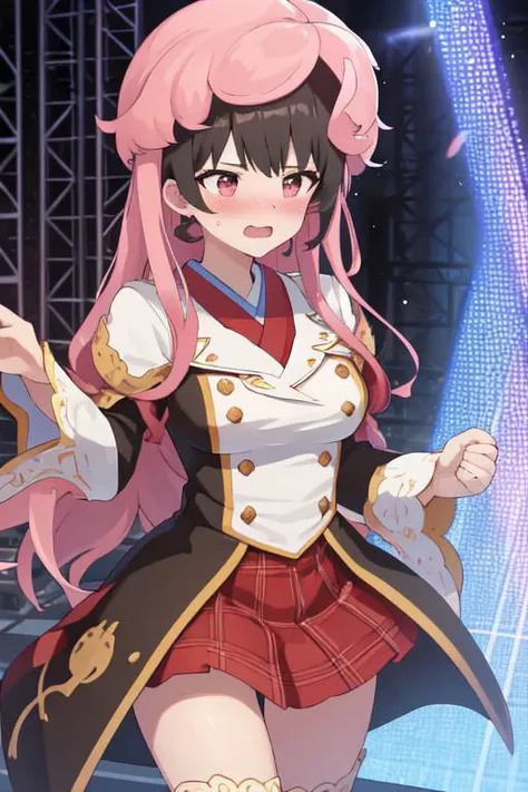 masterpiece, high quality,highres,1girl,solo,large E-cup breasts. Large breasts. pink wavy wig. embarrassed. flustered, panicked, reaches for hair. Idol. on stage. elegant outfit.<lora:wig-v1-wasabiya:1>,pink wig, long wig, short hair, black hair.