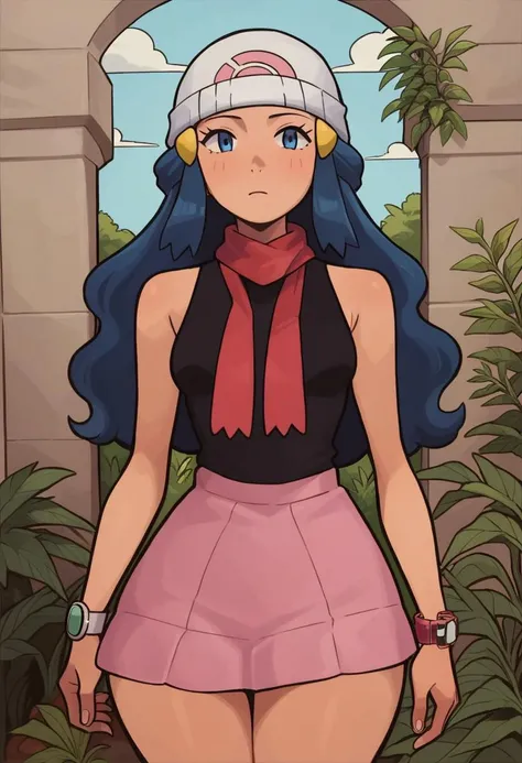 score_9, score_8_up, score_7_up, score_6_up, Masterpiece,
1girl, aadawn, long hair, blue hair, beanie, white headwear, hair ornament, blue eyes, breasts, red scarf, sleeveless shirt, black shirt, wristwatch, bracelet, pink skirt, small breasts, narrow wais...