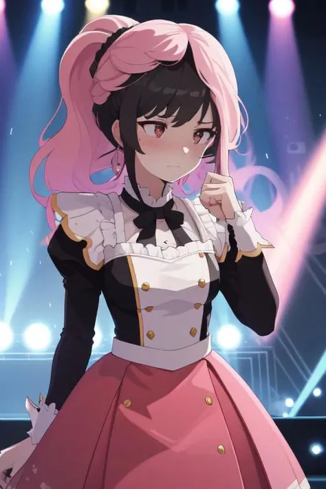 masterpiece, high quality,highres,1girl,solo,large E-cup breasts. Large breasts. pink wavy wig. High ponytail wig. embarrassed. flustered, Idol. on stage. elegant outfit.<lora:wig-v1-wasabiya:1>,pink wig, long wig, short hair, black hair.