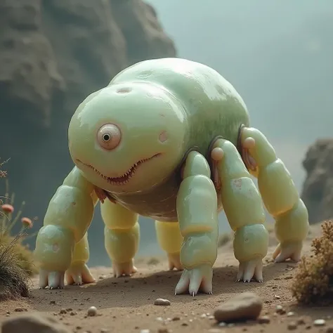 A photo of a six-legged, land-dwelling, bulky creature with translucent limbs and body inflated like balloons. The animal is on a planet with very strong gravity. The background contains a rocky terrain and unusual plants. Moody photo