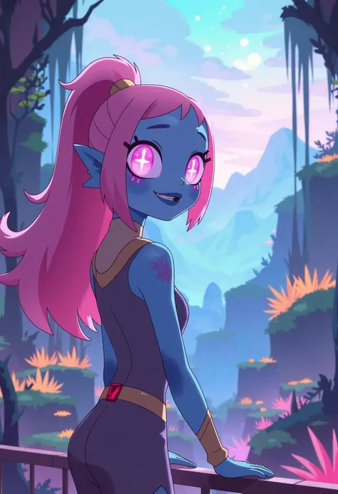 CleopatraInSpace, hyper-realistic scene of a blue-skinned humanoid with large  pink eyes with pupils shaped like plus signs with rounded edges, and pink hair in a high ponytail, BREAK, standing on a balcony overlooking a glowing alien forest, her gemstone ...