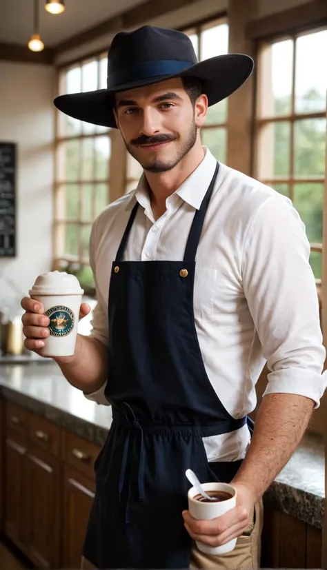 Stable_Yogis_PDXL_Positives
 general, solo, looking at viewer, smile, short hair, shirt, black hair, 1boy, hat, holding, white shirt, male focus, collared shirt, indoors, apron, cup, facial hair, holding cup, beard, hand in pocket, mustache, arm hair