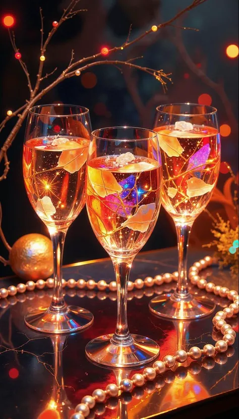 DB4RZ,DB4RZ style painting,a hand-drawn sketch and watercolor style,opalescent inlay,DIGITAL PAINTING,FLUORESCENT, GLOW, A medium shot depicting a toast with multiple champagne coupes filled with an effulgent, translucent amber liquid. Utilize a low-key li...