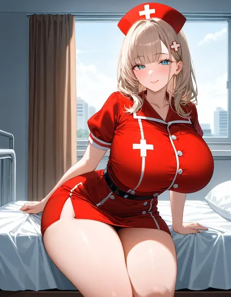 (masterpiece, best quality, ultra-detailed), (embedding:ziprealism:1), 1girl, (mature female), darkred nurse uniform, skirt, curvy, puffy lips, luscious lips, seductive smile, solo, medium-length hair, beige hair, teal eyes, hime cut, straight cut bangs, h...