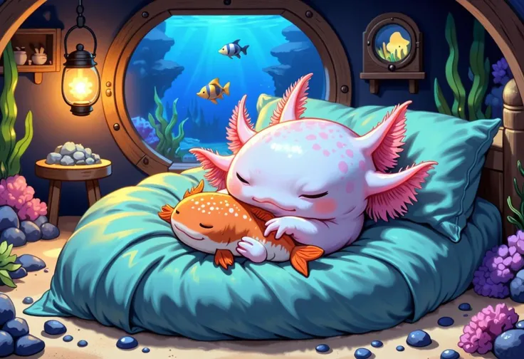 This is a vibrant digital anime photo of, An axolotl curled up in a cozy bed made of soft seaweed, sleeping peacefully with a plush toy shaped like a fish hugged in its arms. Its eyes are closed with a content expression, and its gills droop relaxedly. The...