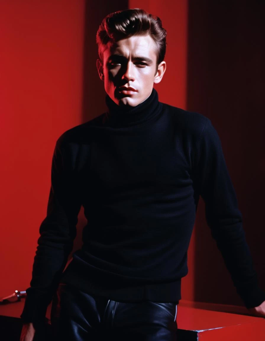 a man in a black turtle neck sweater and leather pants