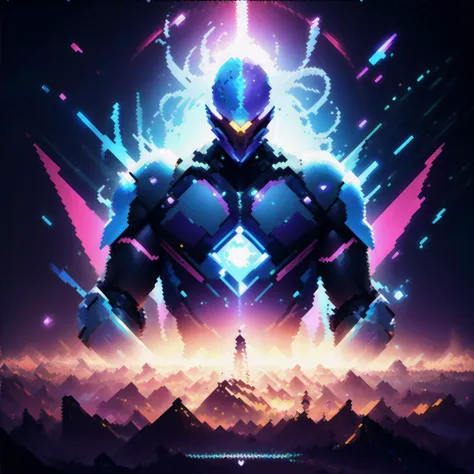 a poster of a man standing in front of a mountain with a glowing halo