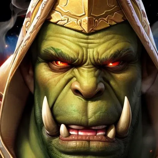 masterpiece, portrait of orc warrior, tusks, colored skin, green skin, deep red eyes, smoke, particles, very detailed, realistic