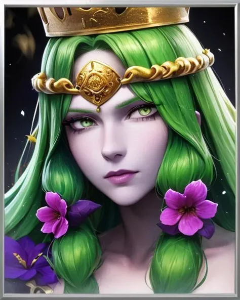 masterpiece, portrait of beautiful druid queen, wooden crown with flowers and leaves, colored skin, purple skin, deep white eyes, green hair, smoke, particles, very detailed, realistic