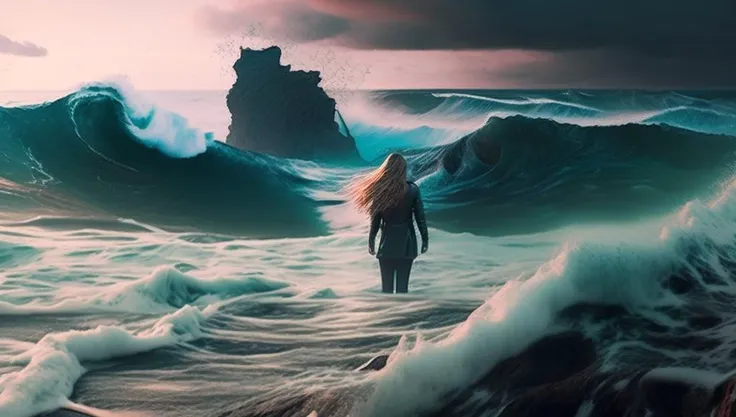 surfer walking into the ocean with a large wave coming in