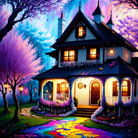 Style-PaintMagic, an award winning photo of a beautiful (fantasy house:1.2) covered in dripping paint, flowers and bushes made of (swirls of color:1.3)  from above, vivid paint, glitter, sprinkles, dark shadows, deep shadows, low lighting, paint splattered...