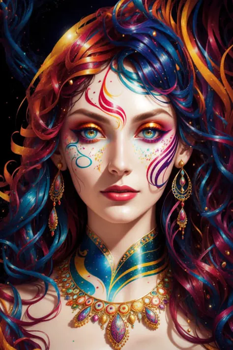 A psychedelic portrait of beautiful woman, vibrant color scheme in the Style-PaintMagic, highly detailed, in the style of romanticism, cinematic, artstation, Moebius, golden ratio, incredible art, masterpiece ultra realism Unreal 5 render with nanite, glob...