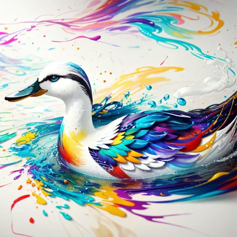 Style-PaintMagic, award winning character concept art of, an extremely beautiful color duck  made out of a swirl of colored paint drops, happiness, ((white canvas background)), feathers spraying with colors, swimming in a swirl of paint made up in a pond, ...