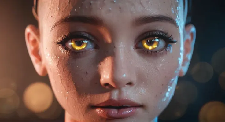 a close up of a woman with yellow eyes and a wet face