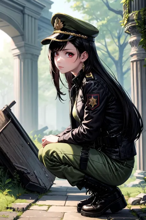 (masterpiece, best quality, detailed), 1girl, solo, looking at viewer, defTifa, red eyes, low-tied long hair, earrings,
military uniform, military, soldier, belt, green pants, metal, camouflage, military hat, black jacket, ruins, overgrown, rubble, pillar,...