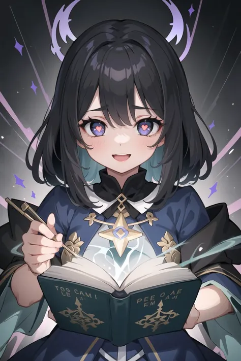 a girl with a book and a sword in her hand