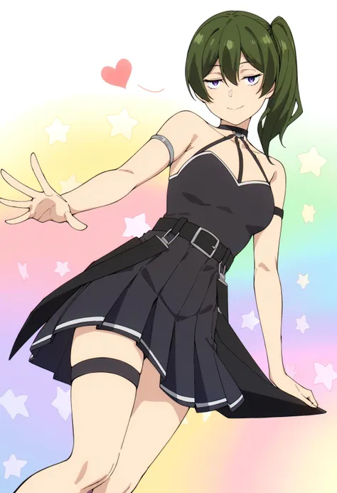 anime girl in a black dress with a heart in the background