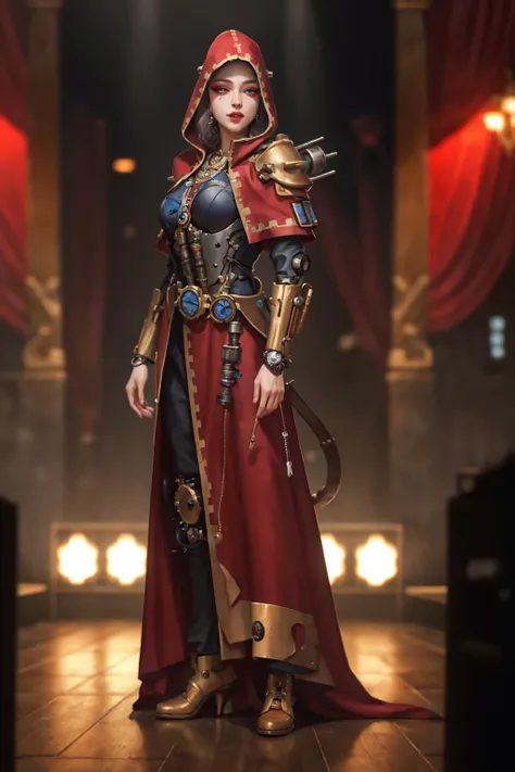 highres,absurdres,masterpiece,best quality,original,extremely detailed CG,extremely detailed wallpaper,perfect lighting,jitome,lips,makeup,standing on the stage,blurry background,
<lora:techpriest:0.75>,techpriest,mechanical arms,steampunk,hood,robe,