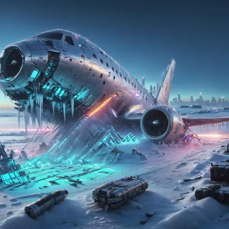 a close up of a plane on a snowy surface with a city in the background