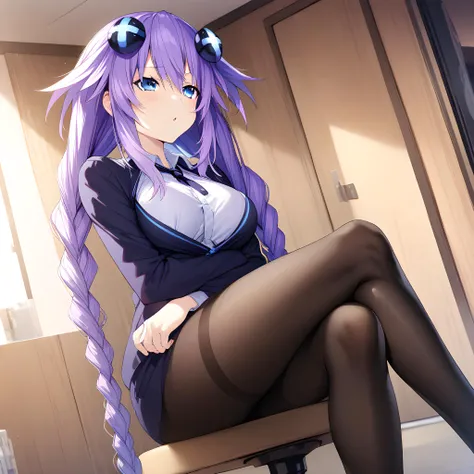 (masterpiece),(best quality),(ultra-detailed),(best illustration),(best shadow),(absurdres),(detailed background),(very aesthetic), purple_heart(neptune), 1girl, twin braids, crossed legs, breasts, pantyhose, solo, purple hair, power symbol, braid, blue ey...