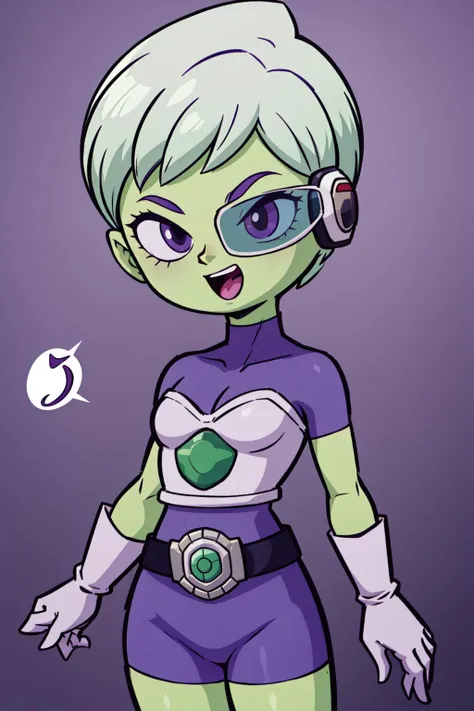 a cartoon drawing of a female alien with green hair and glasses