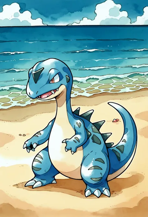 a cartoon of a blue and white dragon standing on a beach