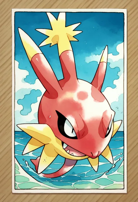 pokemon art print of a red and yellow pokemon character in the ocean