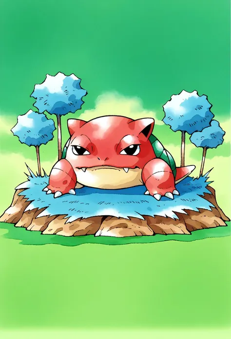 a cartoon of a red and white pokemon sitting on a tree stump