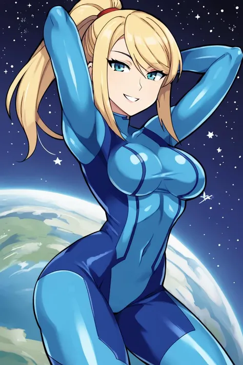 score_4, score_5, score_6, score_9, score_8_up, score_7_up, 1girl, <lora:hospital_king_style-04:1>, hospital_king_style, ranting_sugestive, samus aran, bodysuit, planet, space, star (sky), looking at viewer, arms behind head, cowboy shot, seductive smile, ...