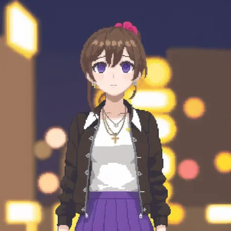 <lora:hcnone:1>, hcnone,  pixel art, 1girl, bangs, black jacket, blurry, blurry background, brown hair, city lights, collarbone, hair ornament, hair scrunchie, hand on own face, highres, jacket, jewelry, necklace, night, parted bangs, parted lips, purple s...