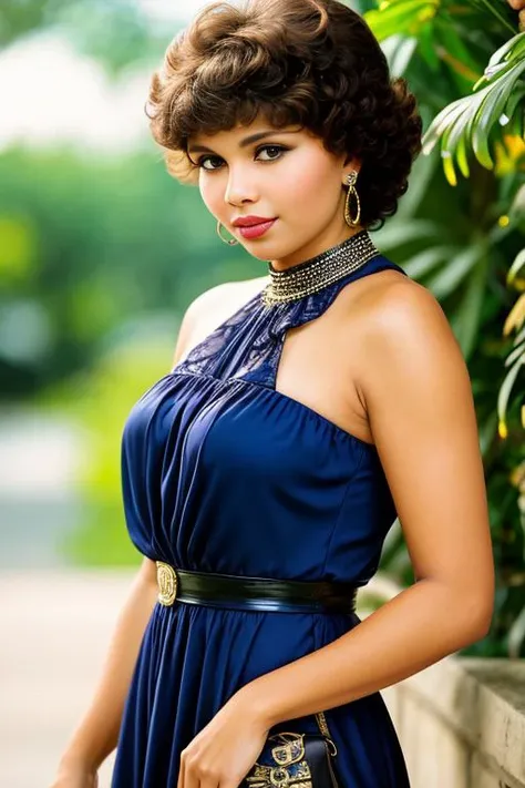 a woman in a blue dress posing for a picture