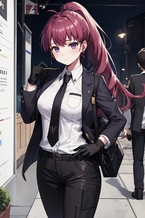 anime girl in a suit and tie walking down a sidewalk