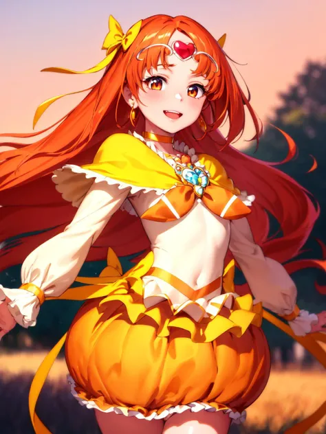 masterpiece, best quality, looking_at_viewer, depth_of_field, cowboy shot, 
1girl, <lora:locon_cure_muse_01_release:0.9>, cure muse, orange hair, hair ribbon, yellow choker, jewelry, brooch, capelet, tiara,
smile, standing, gradient_background,