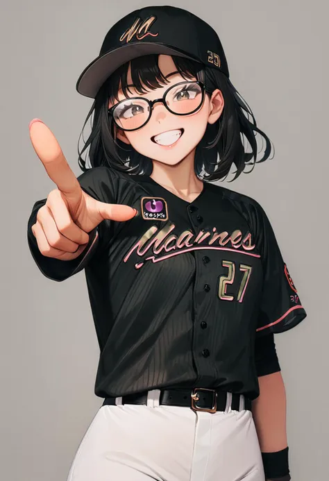 a close up of a person wearing a baseball uniform and pointing a finger